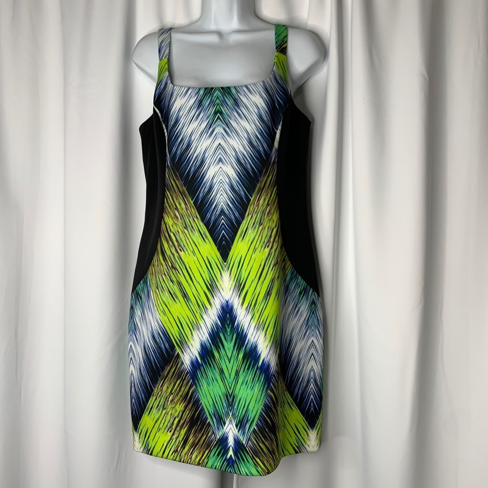 Milly Neon Green, Blue & Black Geometric Mini Dress